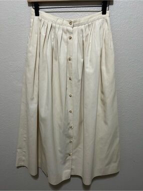 Ralph Lauren Cream 100% Cotton Button Front Pleated Midi Skirt Vintage Size 10